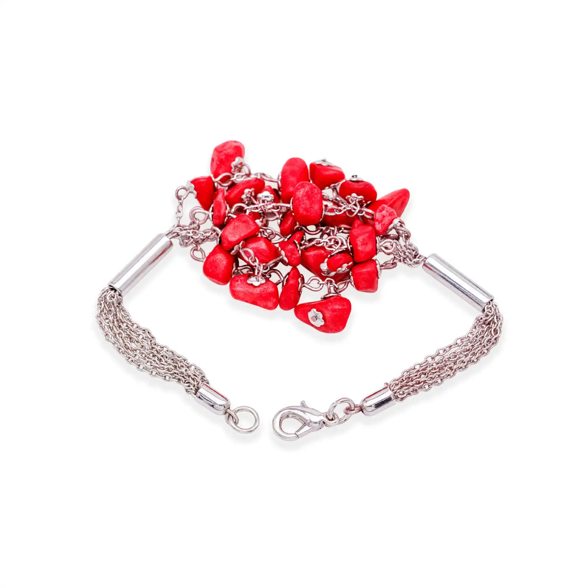 Armband von oben, Cluster roter Natursteine und offener Verschluss