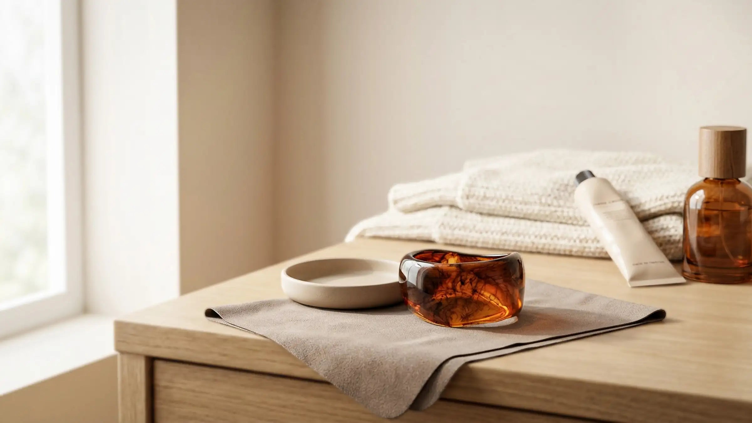 Breiter Acryl-Armreif in brauner Optik auf Mikrofasertuch neben Wollschal, Parfum und Handcreme – Winterpflege. Avirelle.