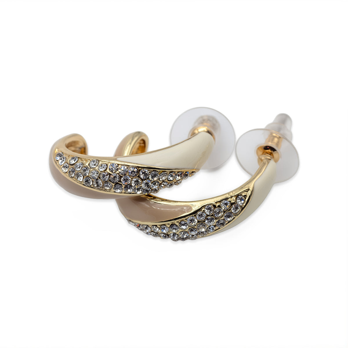 Goldfarbene Halbcreolen mit Glassteinen und Emaille in Beige und Creme