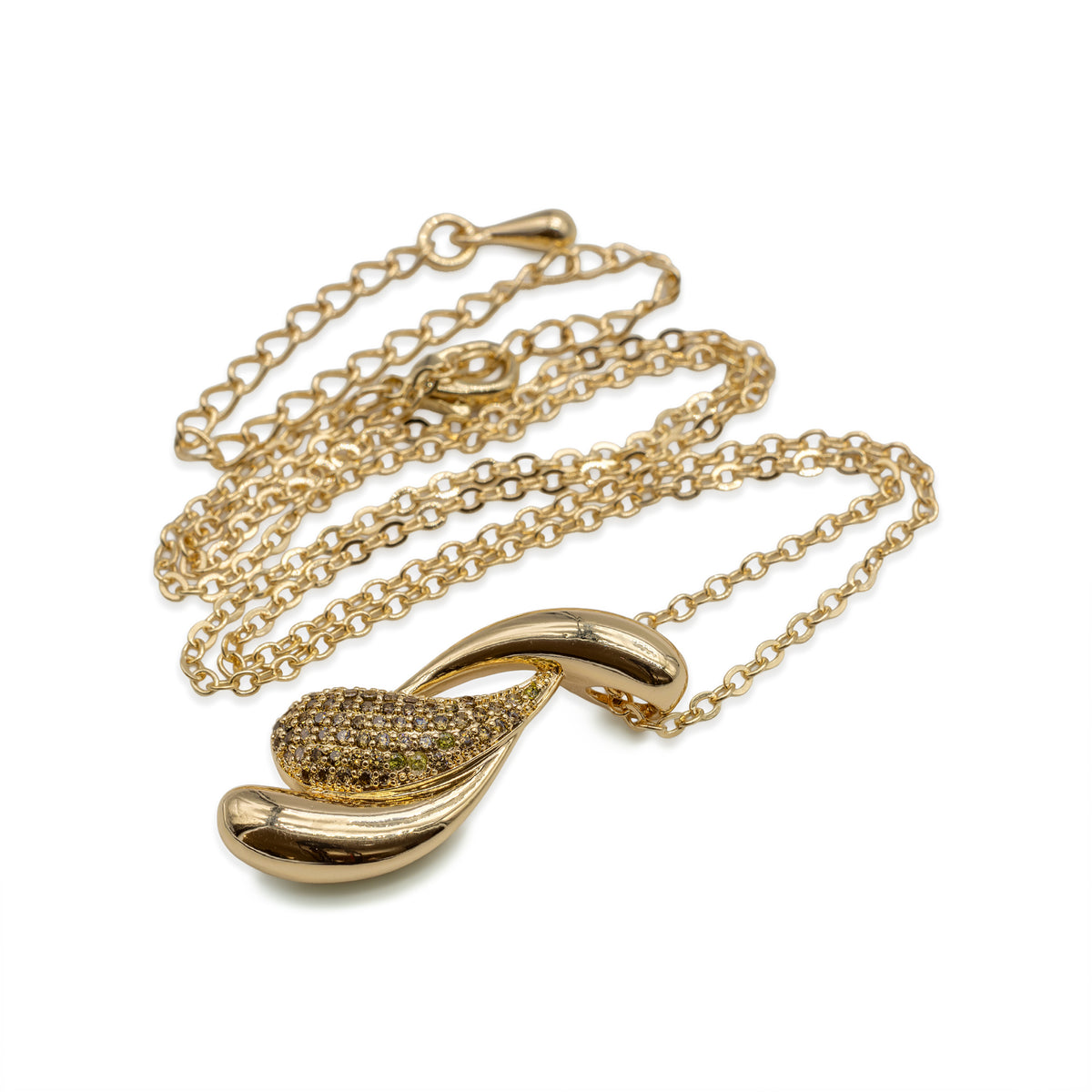 Goldfarbene Halskette mit geschwungenem Anhänger und Glasstein-Pavé
