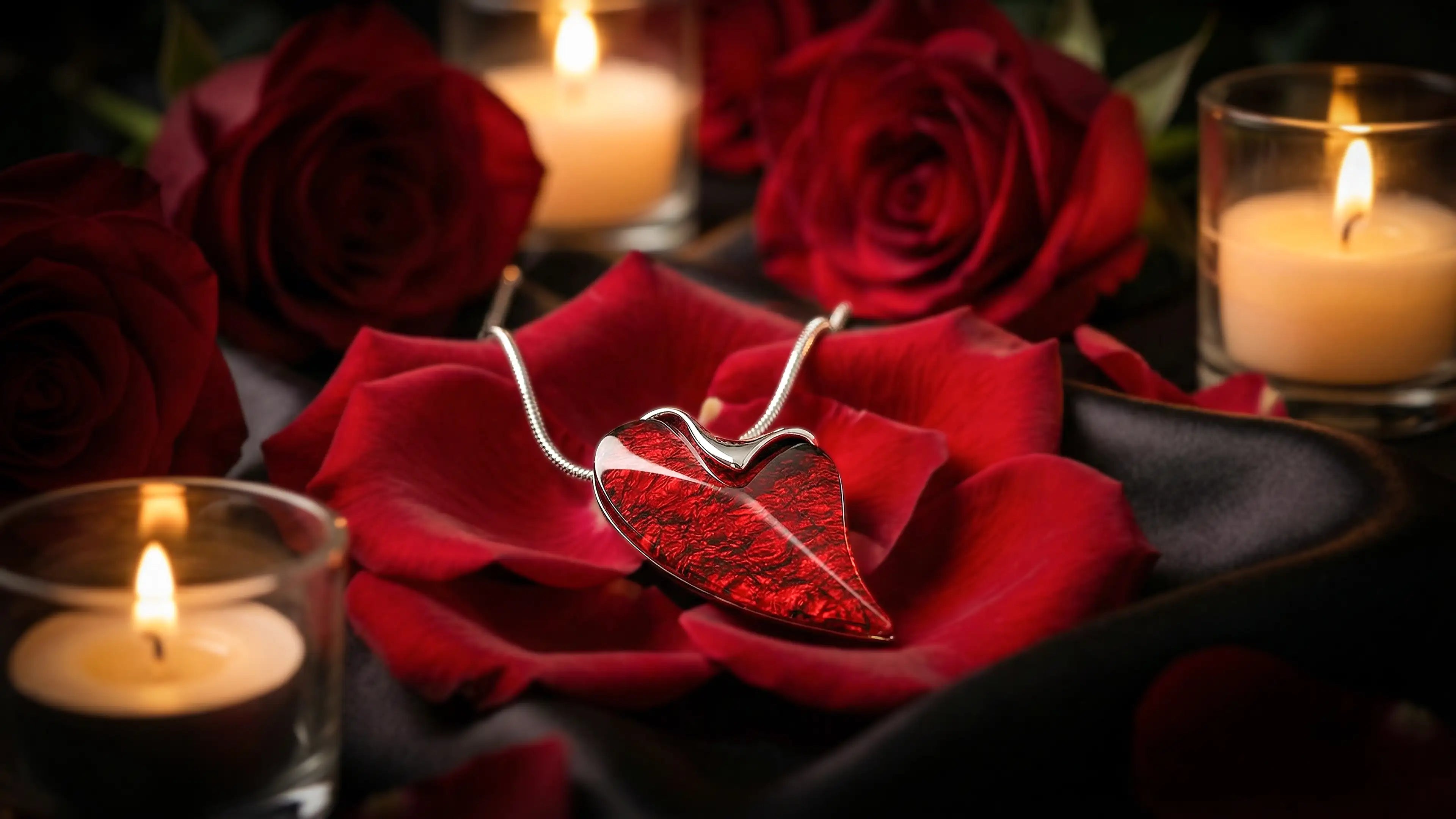Herz-Anhänger auf roter Rose, Kerzenlicht im Hintergrund – Symbolfoto für Valentinstag, Avirelle.