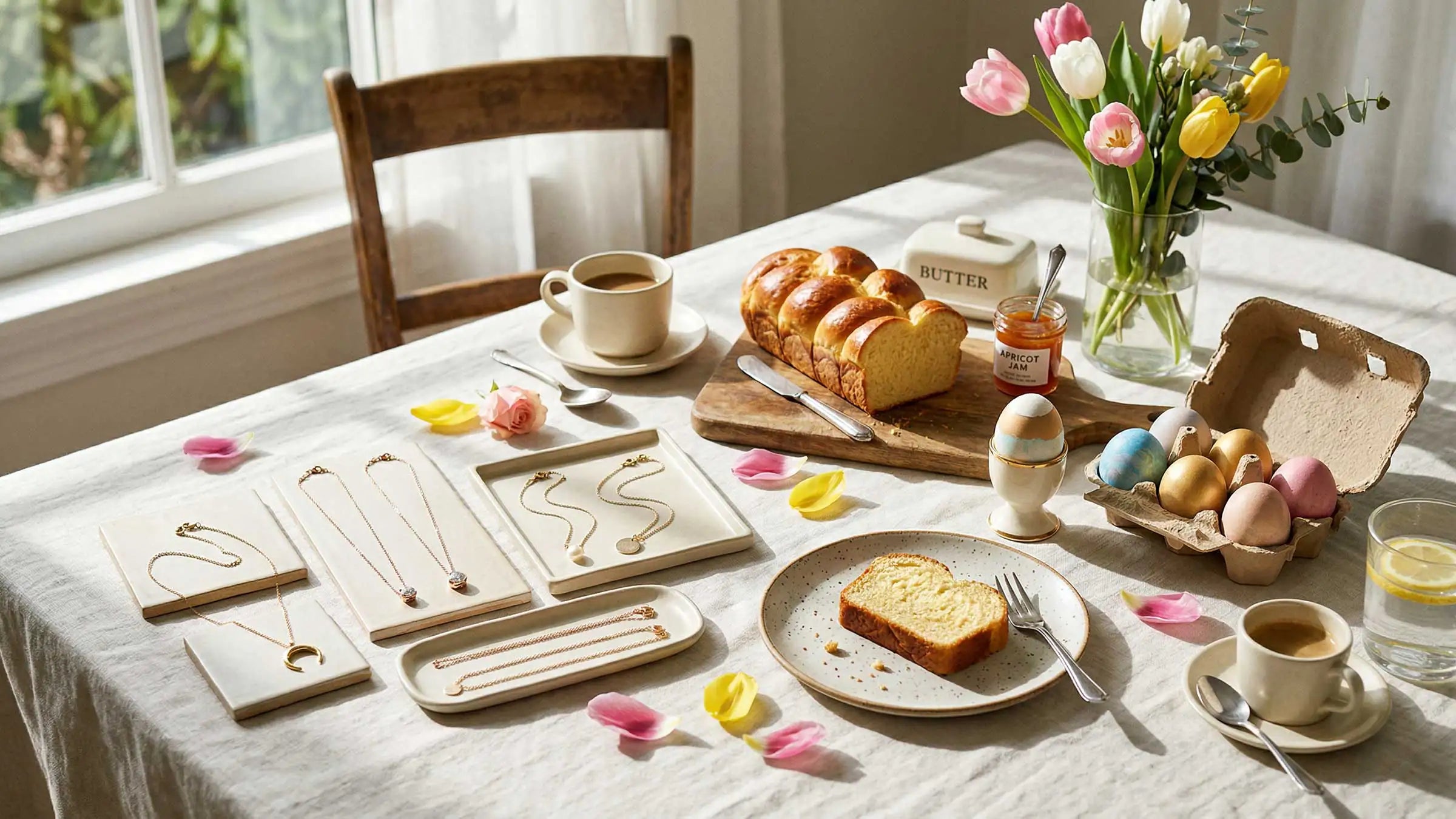 Osterbrunch am Fenster: Tulpen, gefärbte Eier und ein Armband auf Keramikschale, Jeansjacke und T-Shirt im Hintergrund. Avirelle.