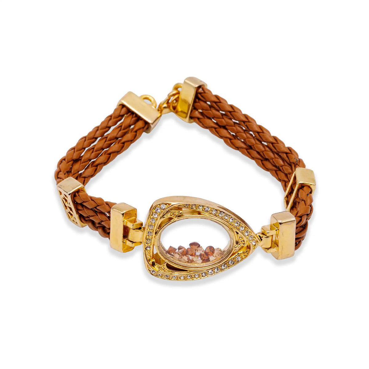 Braunes geflochtenes Lederarmband mit goldfarbenem Tropfenrahmen und Glaselement