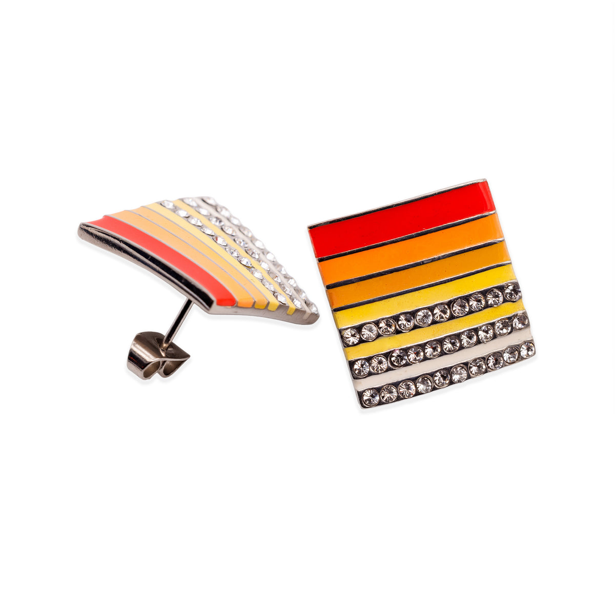 Silberfarbene Ohrstecker aus Edelstahl mit Farbstreifen und Ziersteinen