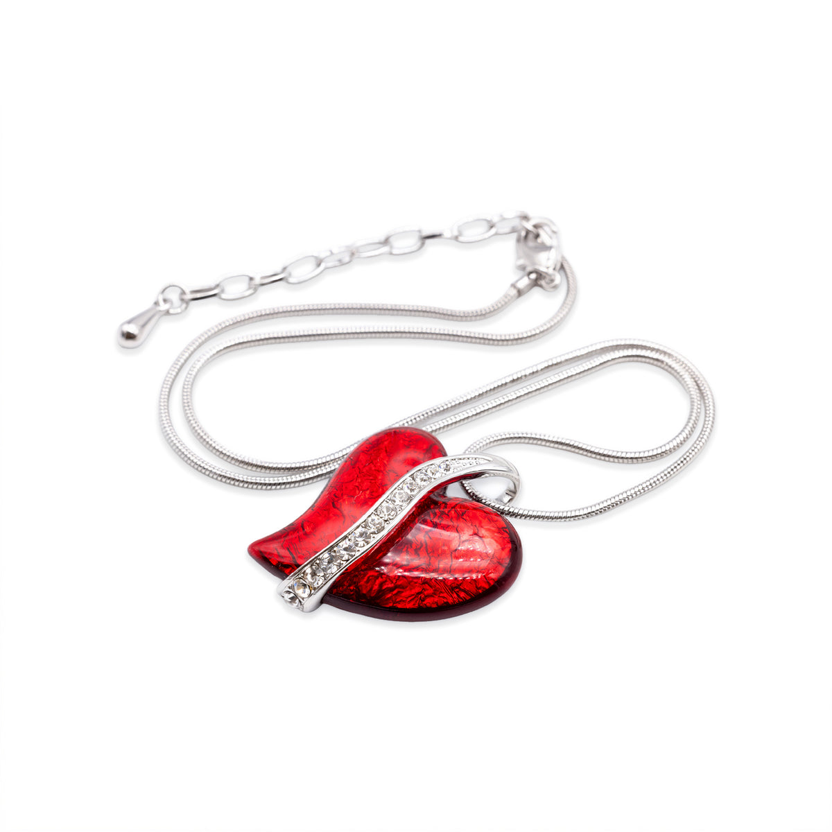 Silberfarbene Schlangenkette mit rotem Herz und Glasstein-Band