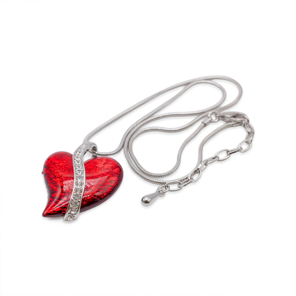 Silberfarbene Schlangenkette mit rotem Herz und Glasstein-Band