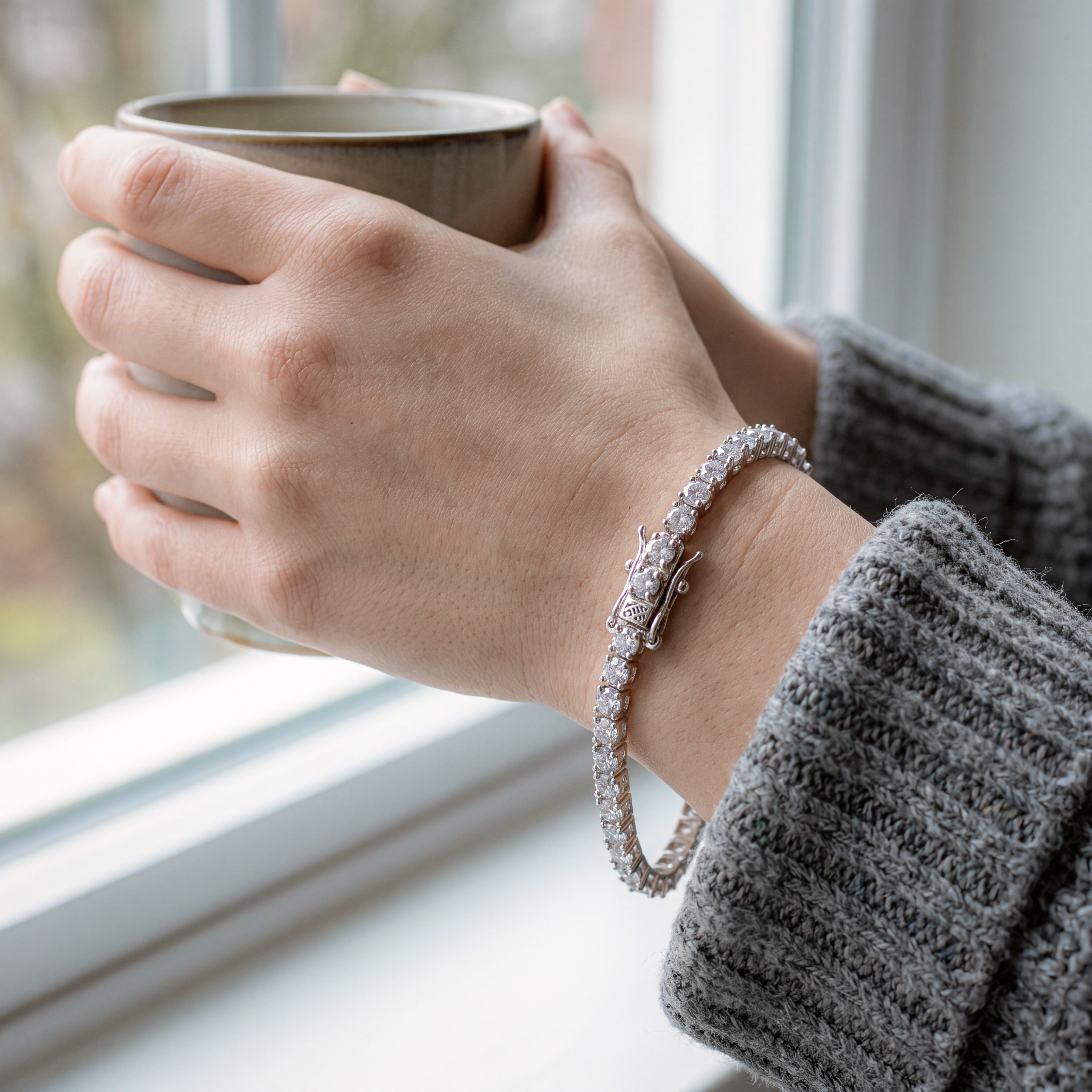 Silberfarbenes Tennis-Armband mit AAA-Zirkonia, im Alltag am Handgelenk getragen zu Strickpullover und Kaffeetasse – Avirelle.