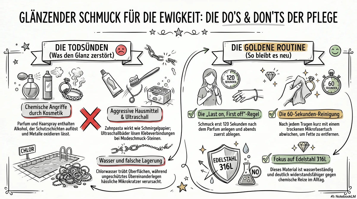 Infografik: Die 5 Todsünden der Schmuckpflege von Parfum bis Ultraschallreinigung.