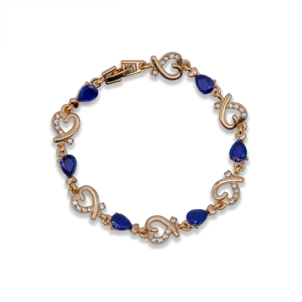 Goldfarbenes Gliederarmband mit Herzen und blauen tropfenförmigen Ziersteinen