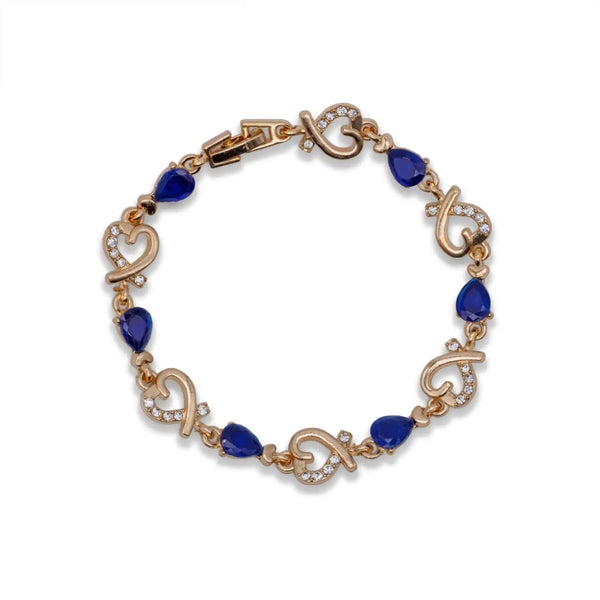 Goldfarbenes Gliederarmband mit Herzen und blauen tropfenförmigen Ziersteinen