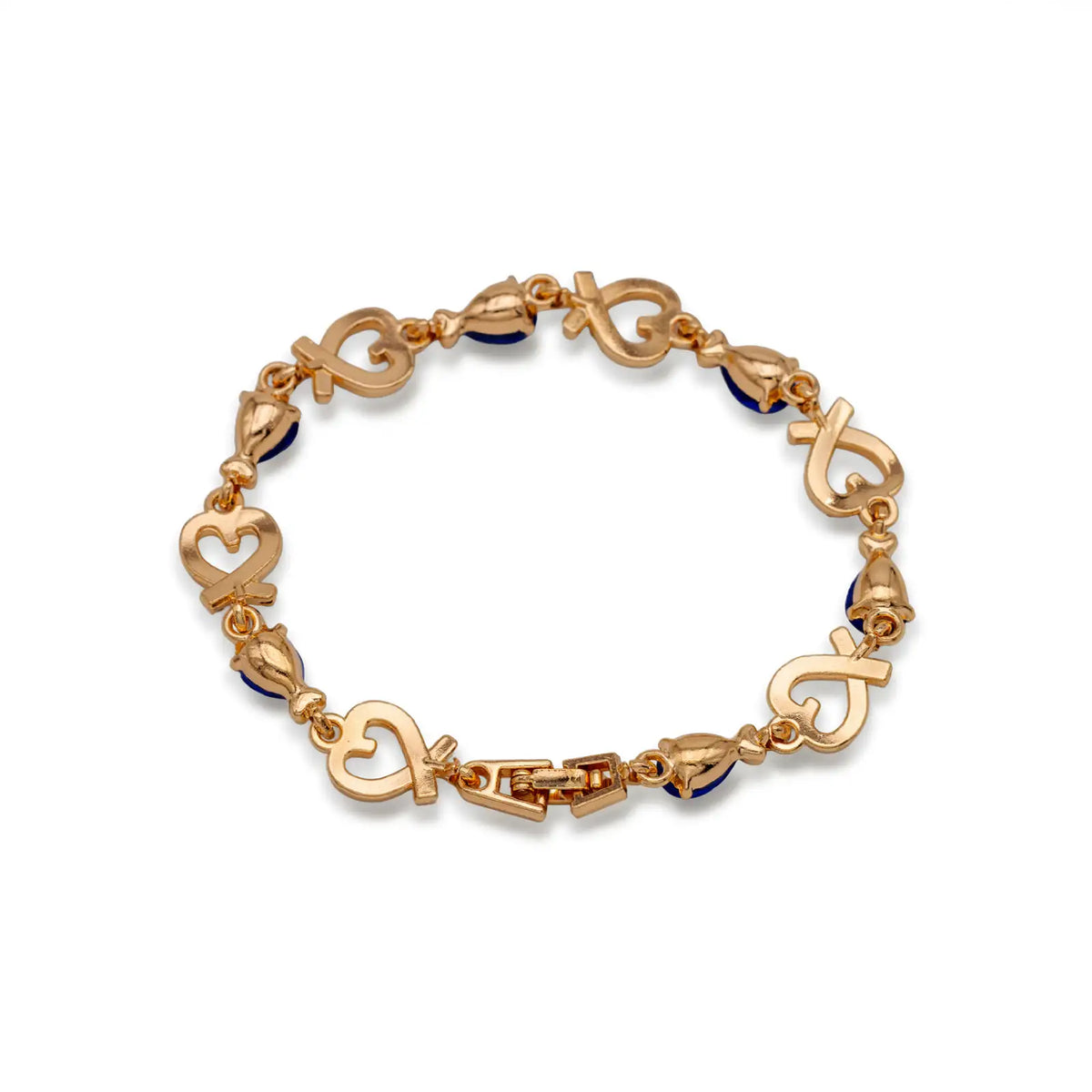 Armband mit Herz und blauen Ziersteinen, Rückseite der Glieder und Verschluss