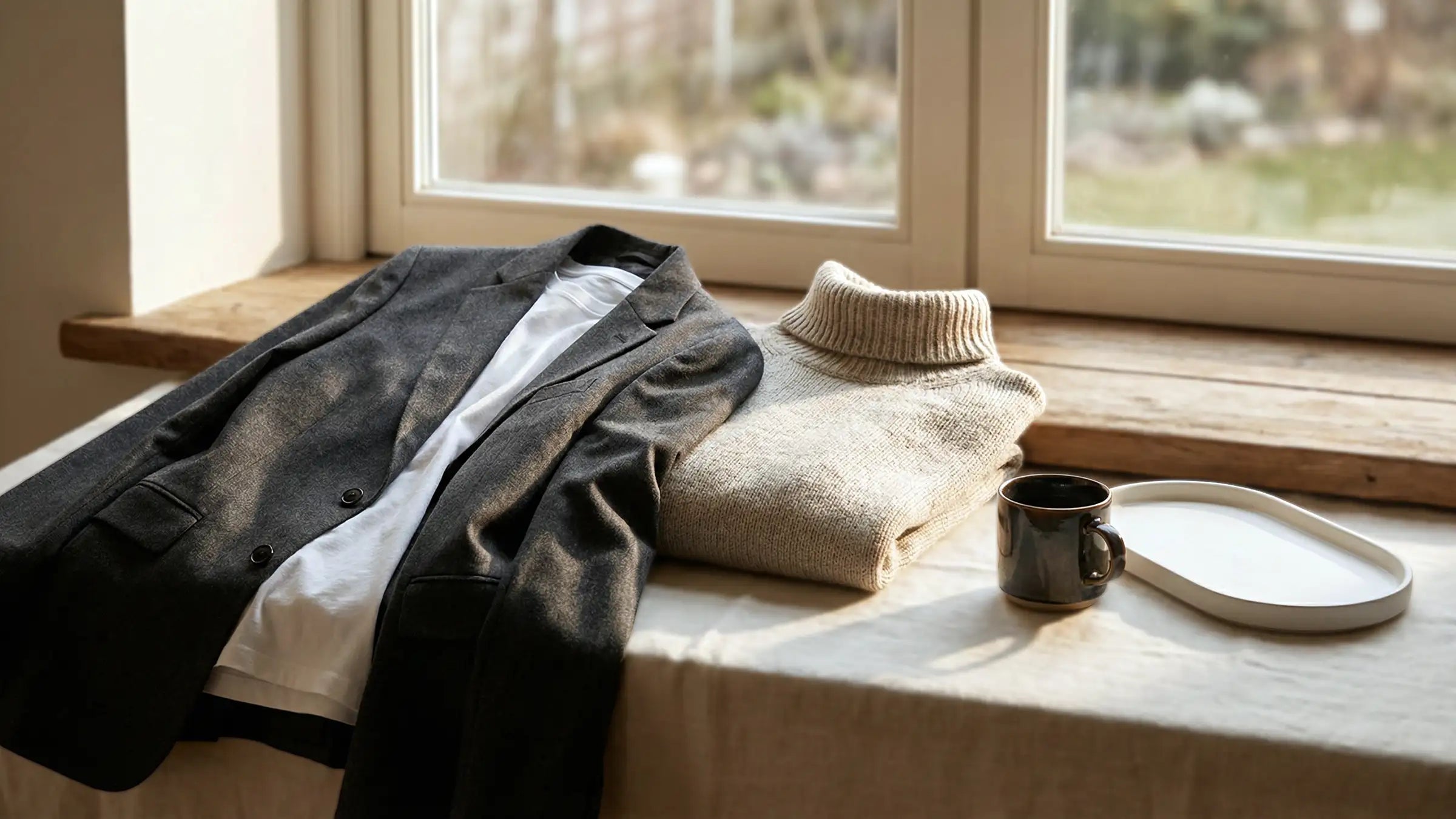 Blazer und heller Rollkragenpullover am Fensterbrett, Kaffeetasse daneben – ruhige Wintermorgen-Stimmung, Avirelle.