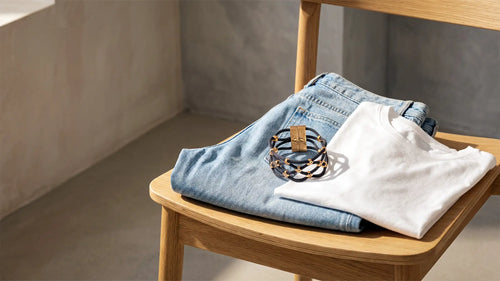 Wie sehen Jeans und T-Shirt mit Schmuck angezogen aus?
