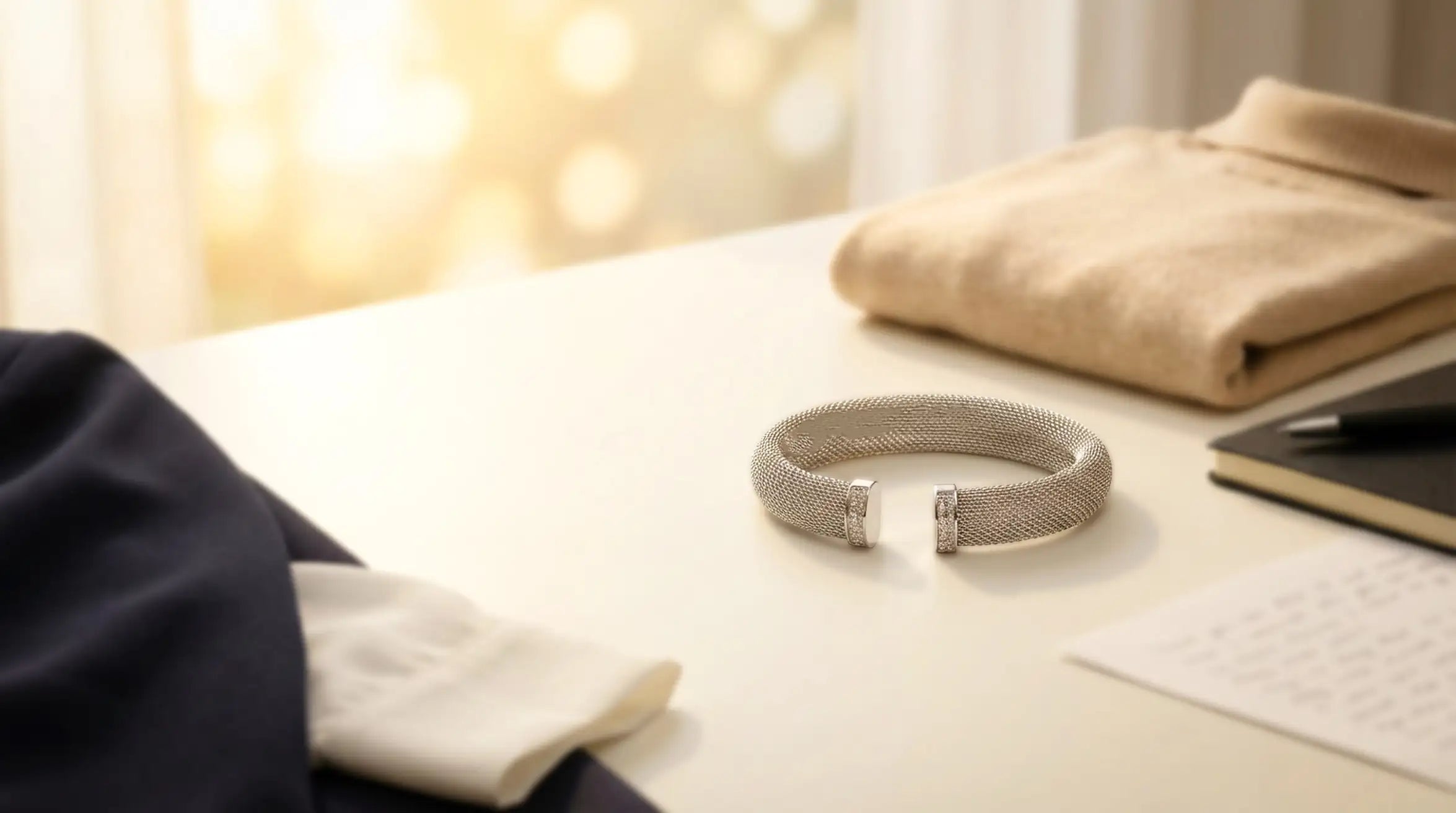 Silberfarbene Armreif-Optik im warmen Office-Stillleben: Business-Schmuck zu Blazer, Bluse und Rollkragen, Avirelle.