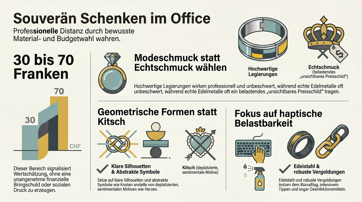 Infografik zum Büro-Geschenke-Knigge: Ein Kreisdiagramm zeigt, dass 52 Prozent der Fehler bei Geschenken für Kolleginnen auf zu teuren Echtschmuck und 28 Prozent auf zu private oder romantische Motive entfallen.