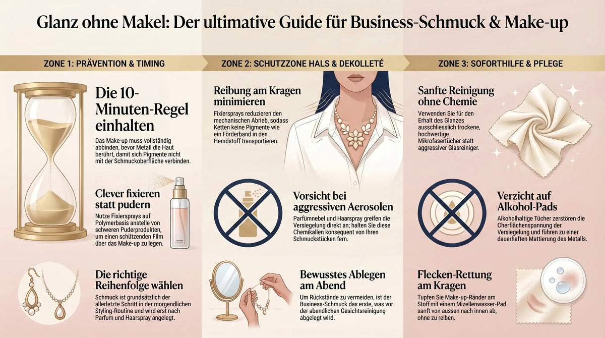 Infografik zur 3-Zonen-Regel von Avirelle: Vermeidung von Make-up-Rändern an Business-Schmuck und Hemdkragen durch Safe-Zone, Timing-Halt und Reibungs-Area.