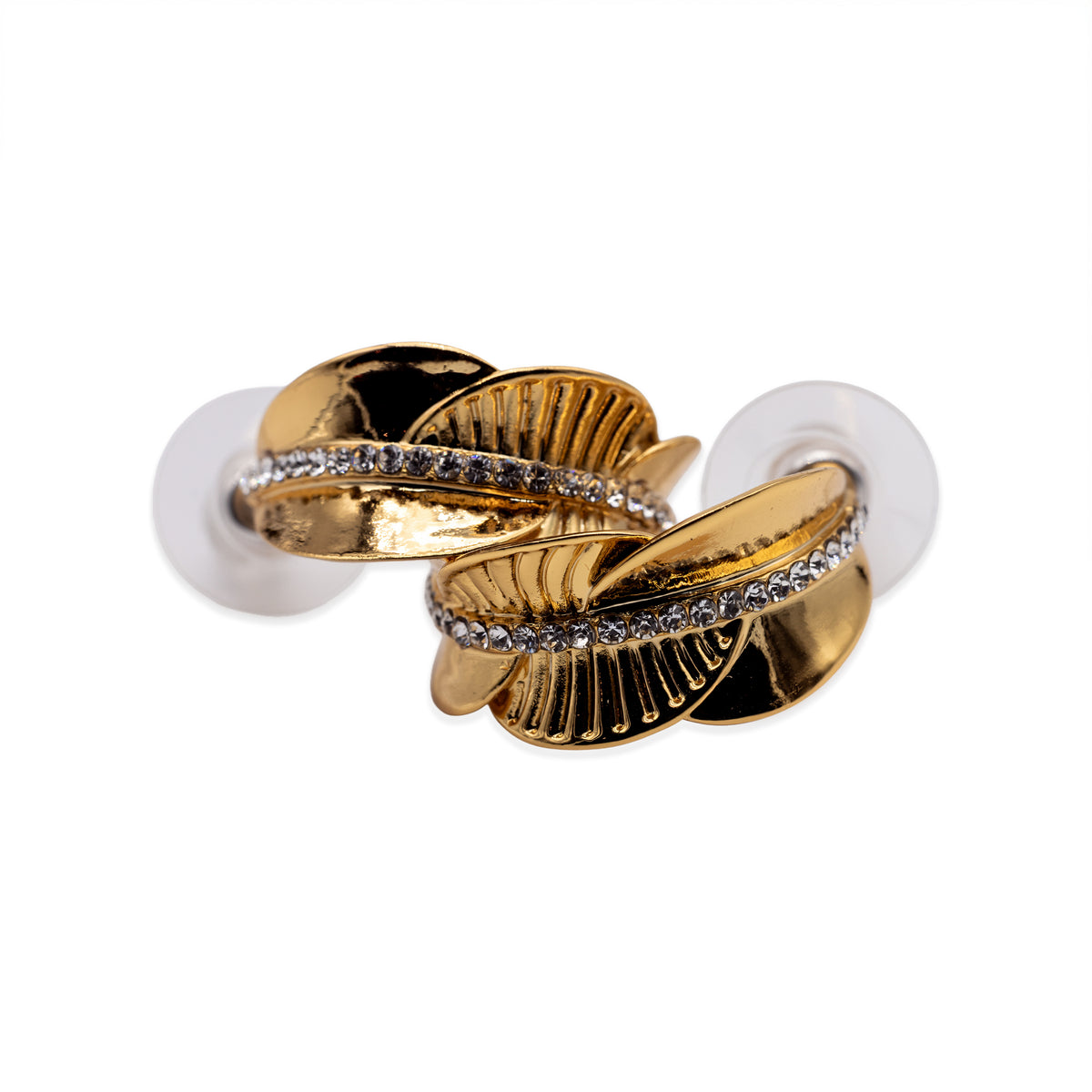 Goldfarbene Halbcreolen mit Blattmotiv und Glassteinen