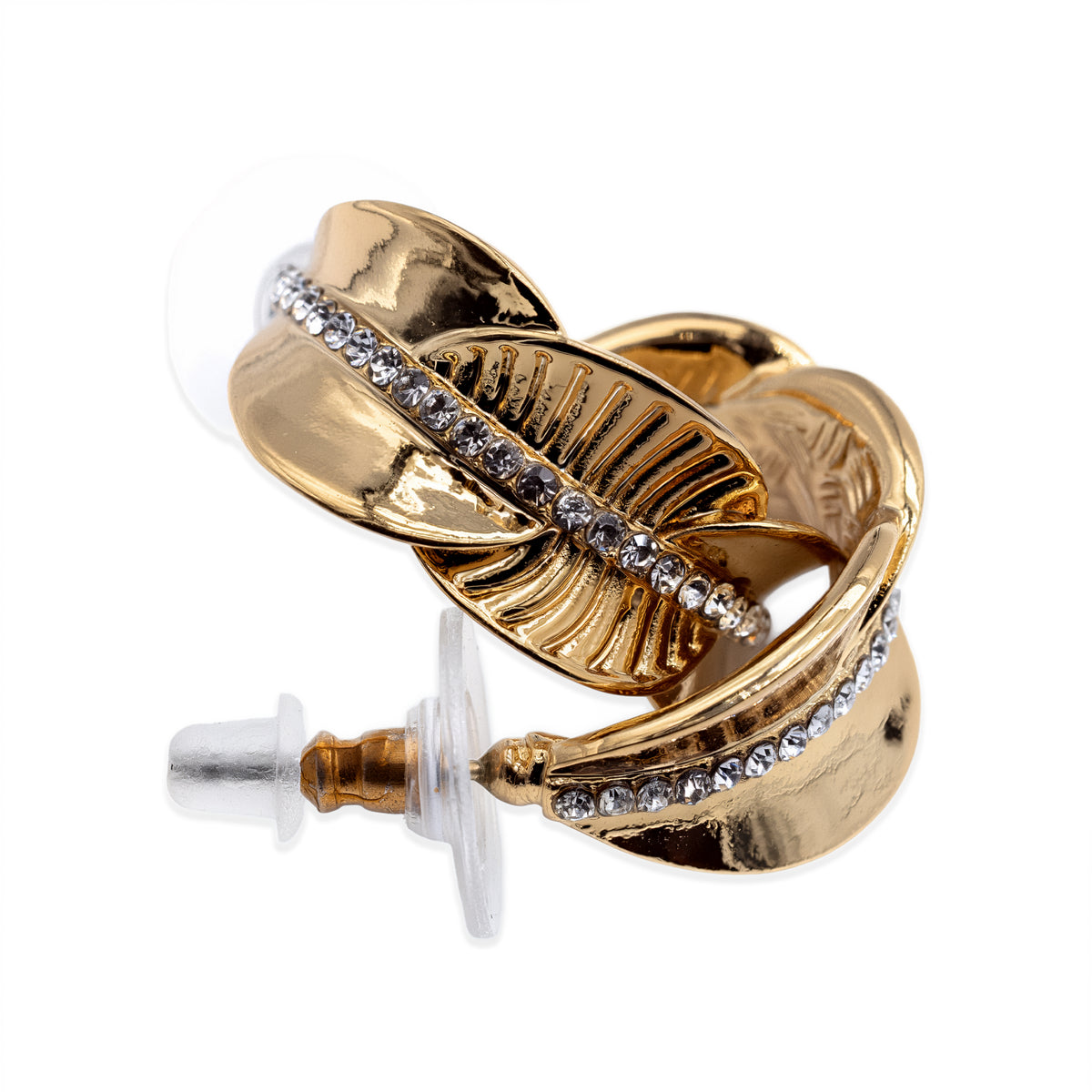 Goldfarbene Halbcreolen mit Blattmotiv und Glassteinen