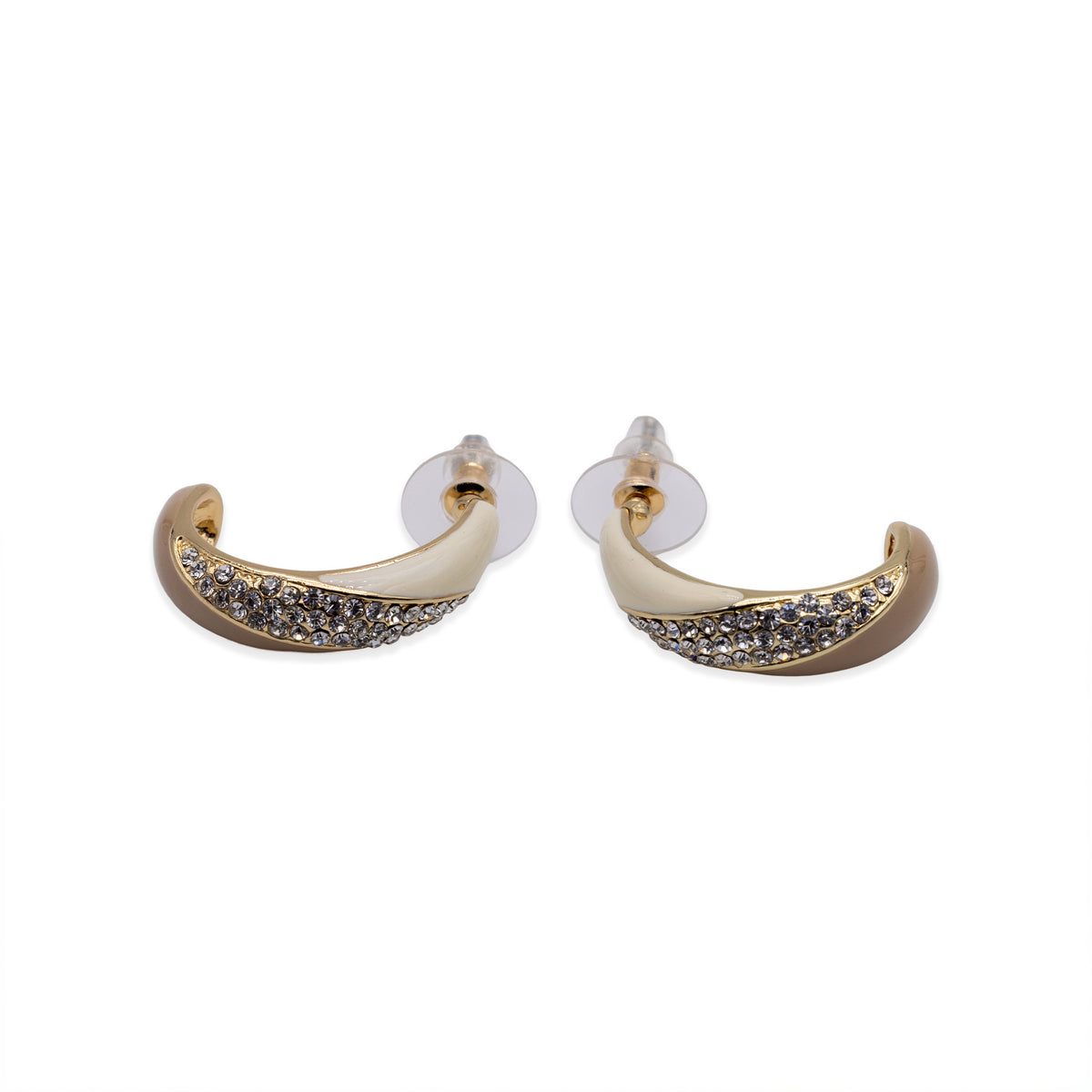 Goldfarbene Halbcreolen mit Glassteinen und Emaille in Beige und Creme