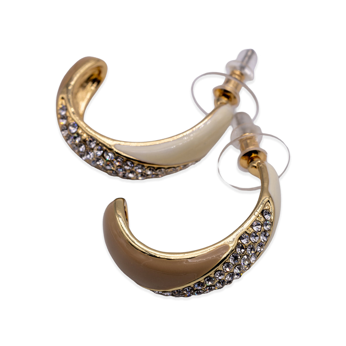 Goldfarbene Halbcreolen mit Glassteinen und Emaille in Beige und Creme
