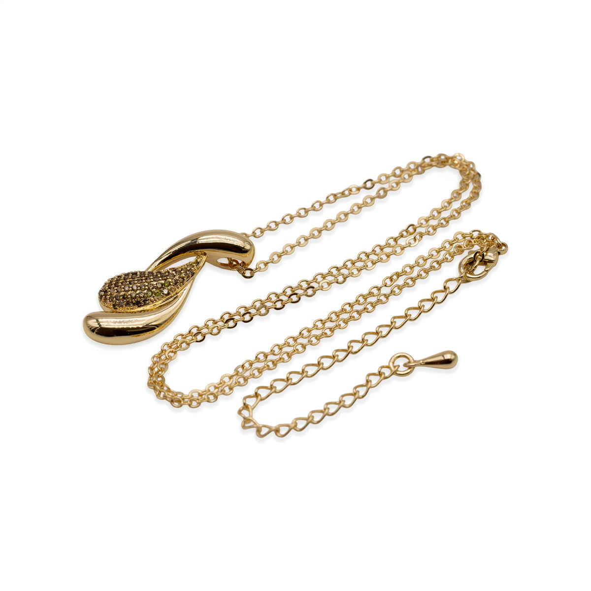 Goldfarbene Halskette mit geschwungenem Anhänger und Glasstein-Pavé
