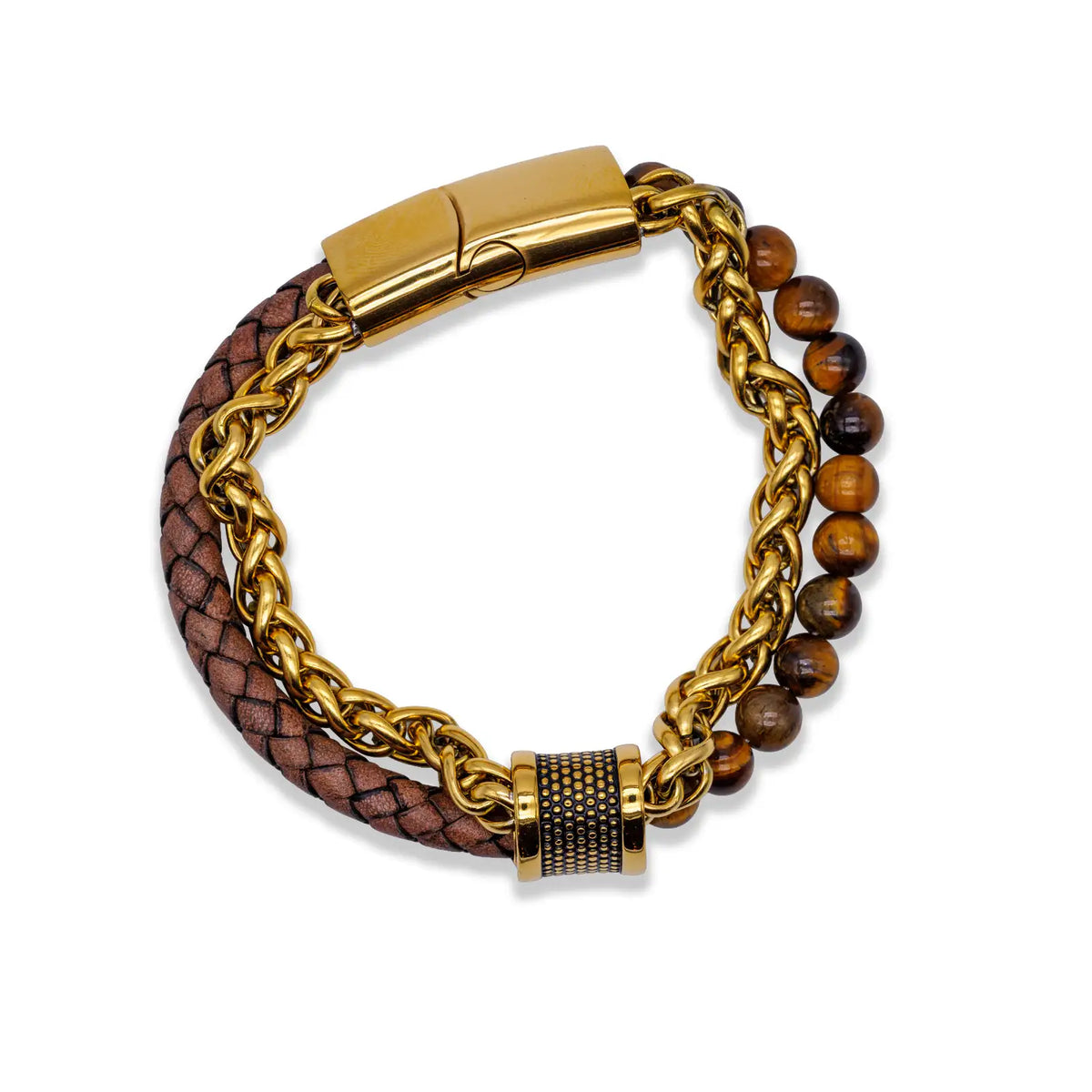 Goldfarbenes Armband mit Leder und Naturstein