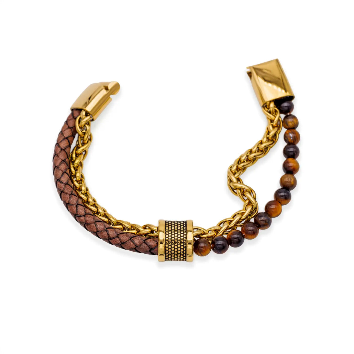 Goldfarbenes Armband mit Leder und Naturstein