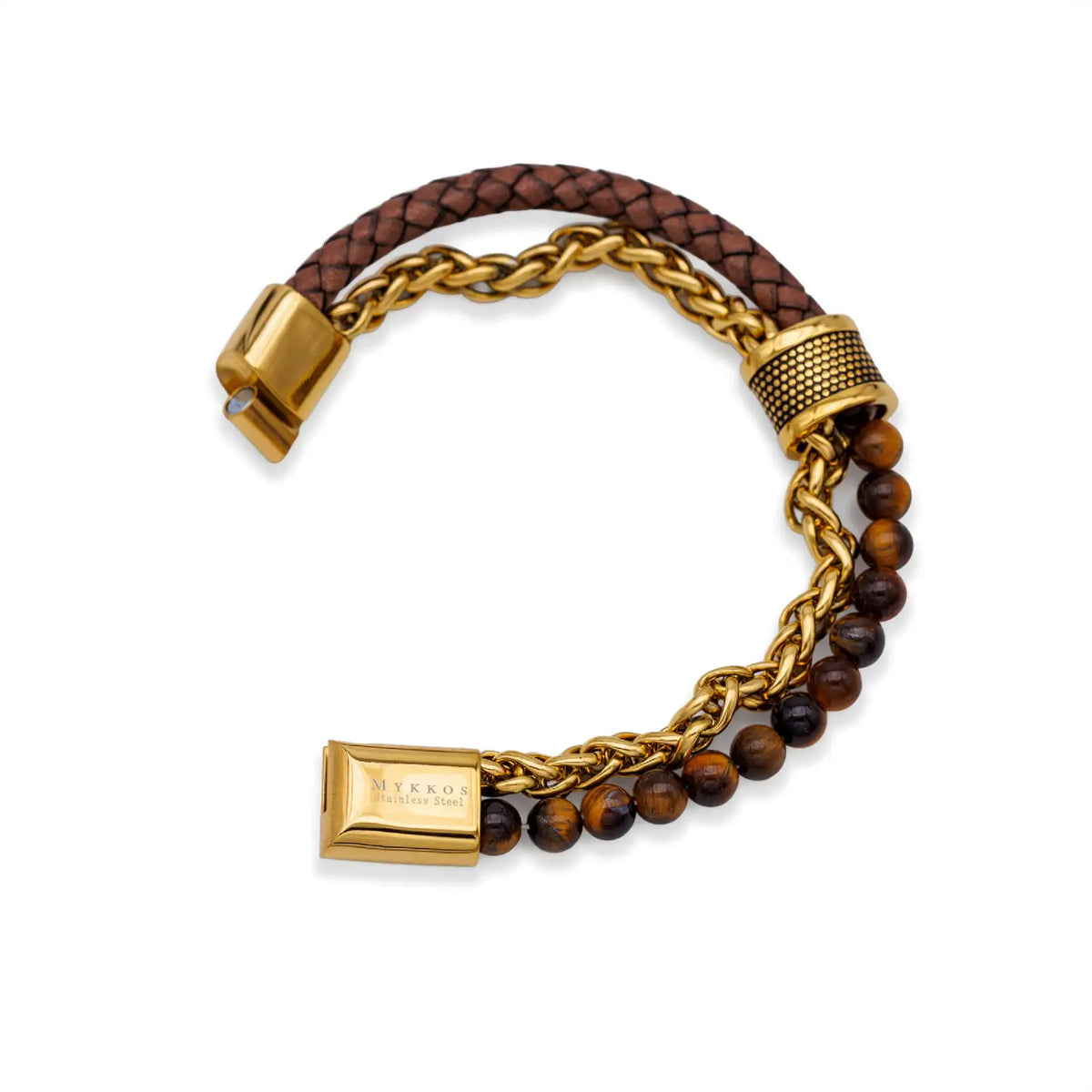 Goldfarbenes Armband mit Leder und Naturstein