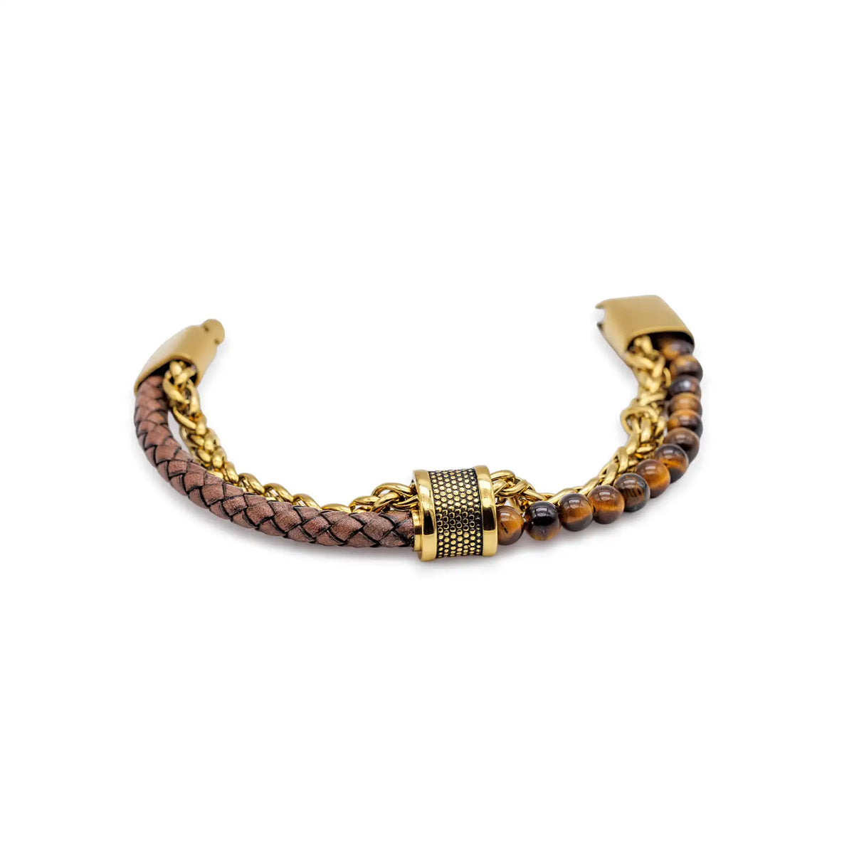 Goldfarbenes Armband mit Leder und Naturstein