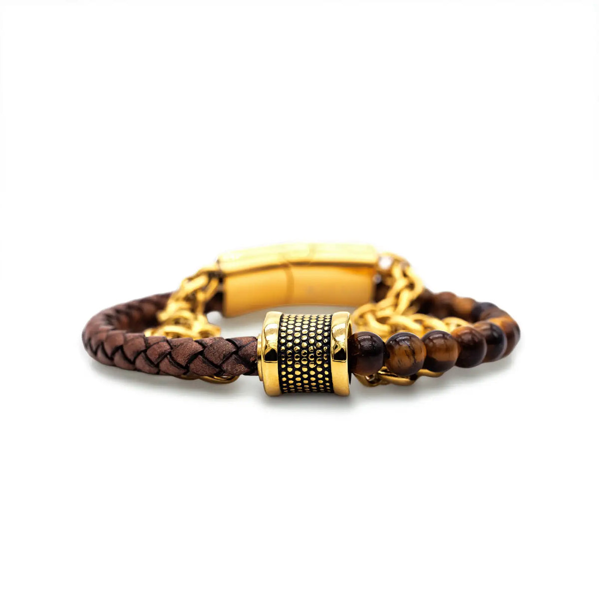 Goldfarbenes Armband mit Leder und Naturstein