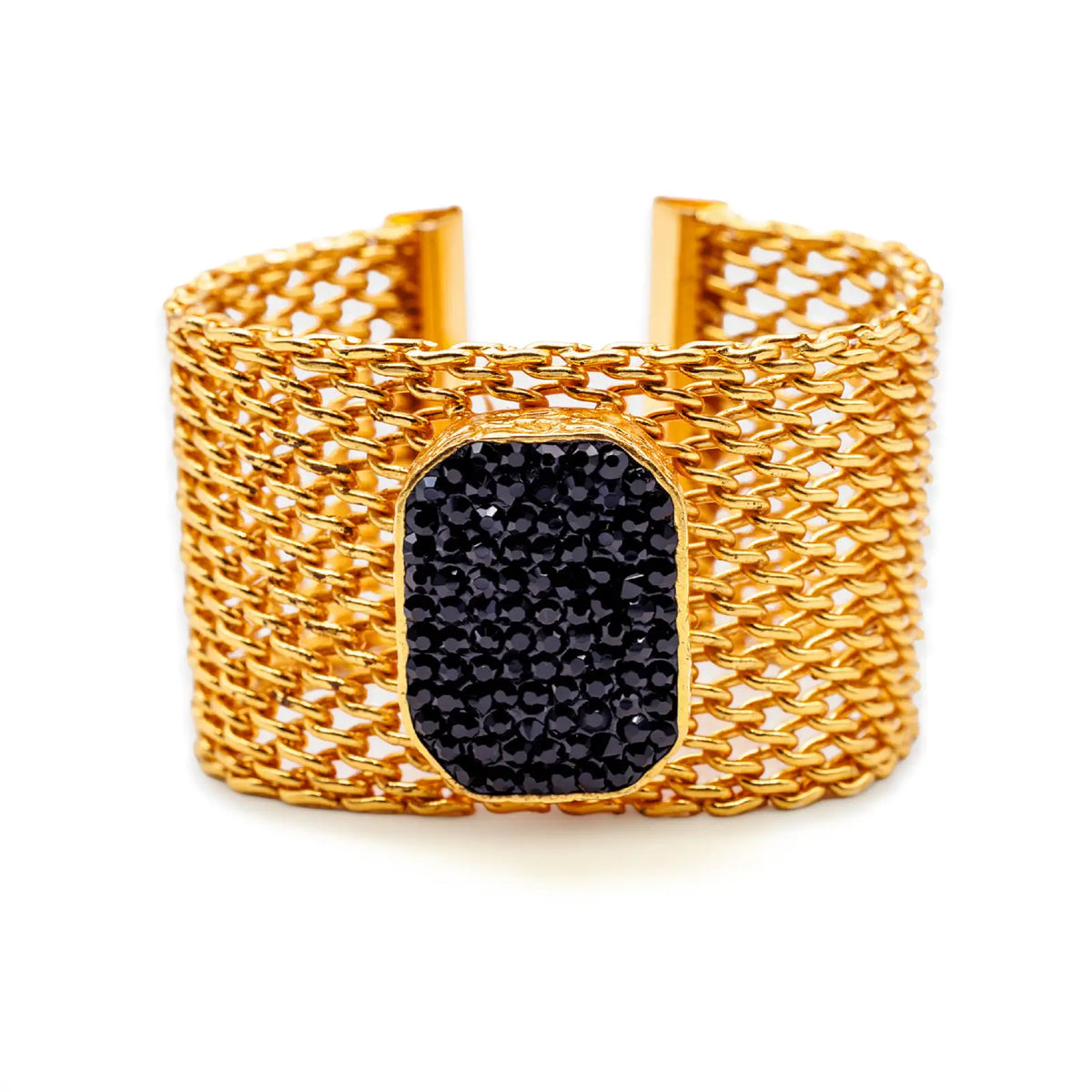 Goldfarbenes Mesh-Armband mit schwarzem Glitzer-Element