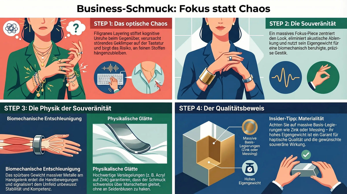 Infografik im Split-Screen-Design: Direkter Vergleich zwischen unruhigem Ketten-Layering am Handgelenk und der visuellen Stabilität durch einen einzelnen massiven Armreif im Business-Alltag.
