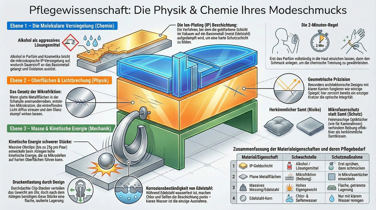 Infografik zu Pflegetipps für Modeschmuck mit Erklärung zu IP-Beschichtung, Mikrokratzern, Lichtbrechung und richtiger Aufbewahrung.