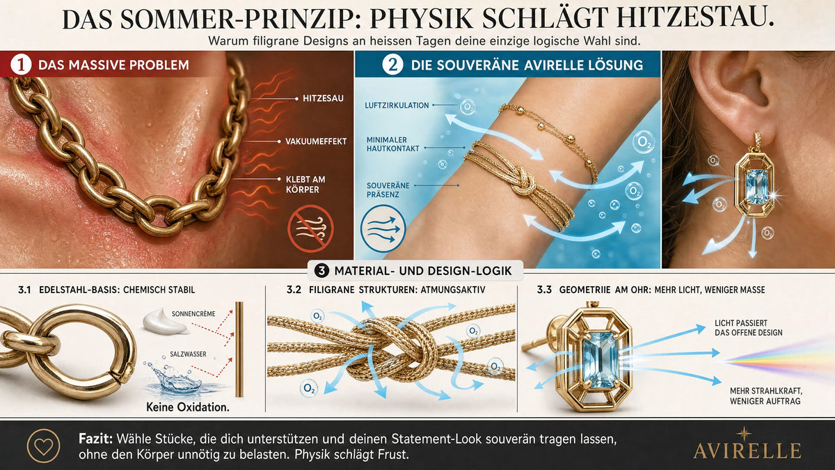 Infografik mit dem Titel "Das Sommer-Prinzip: Physik schlägt Hitzestau". Sie zeigt den Vergleich zwischen massiven Halsketten, die auf der Haut kleben und Hitze stauen, und der Lösung durch filigranen Schmuck. Veranschaulicht werden die Vorteile von luftdurchlässigen, mehrlagigen Armbändern, die chemische Stabilität von Edelstahl gegenüber Sonnencreme und Salzwasser sowie offene Ohrring-Designs, die Licht durchlassen und das Gewicht reduzieren.