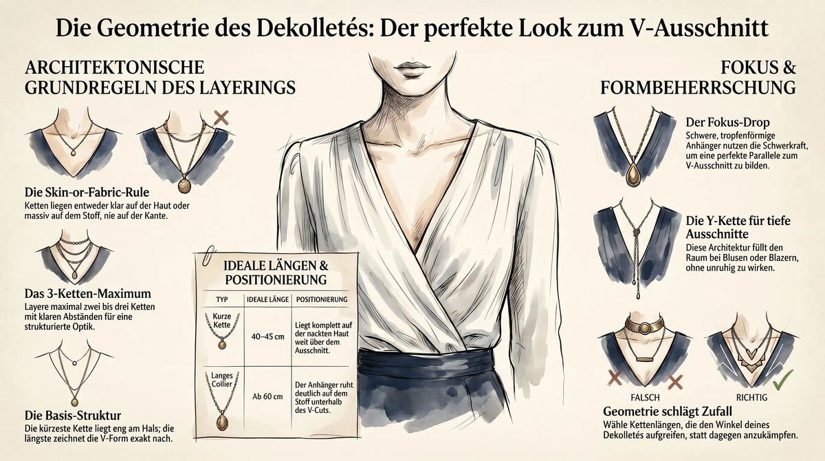 Info-Grafik: Frau im weissen Oberteil mit tiefem V-Ausschnitt präsentiert eine gelayerte Y-Halskette mit Anhänger, die den Winkel perfekt nachzeichnet.