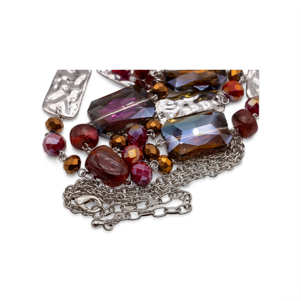 Lange, schwere Halskette mit grossen, schimmernden Ziersteinen und Perlen in Lila, Bronze und Rotbraun