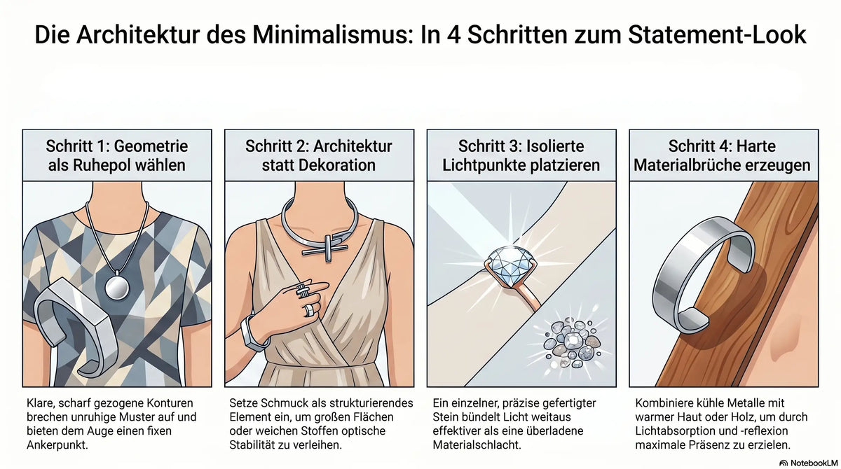 Infografik, die zeigt, welche minimalistischen Kettenlängen am besten zu verschiedenen Kragenformen wie V-Ausschnitt, Rollkragen oder Rundhals passen.