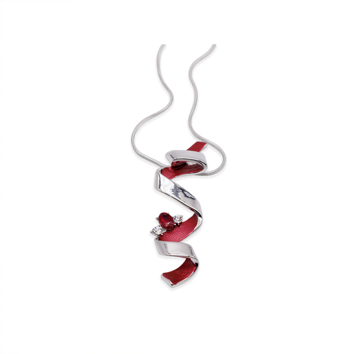 Silberfarbene Halskette mit Spiral-Anhänger in Rot und Ziersteinen