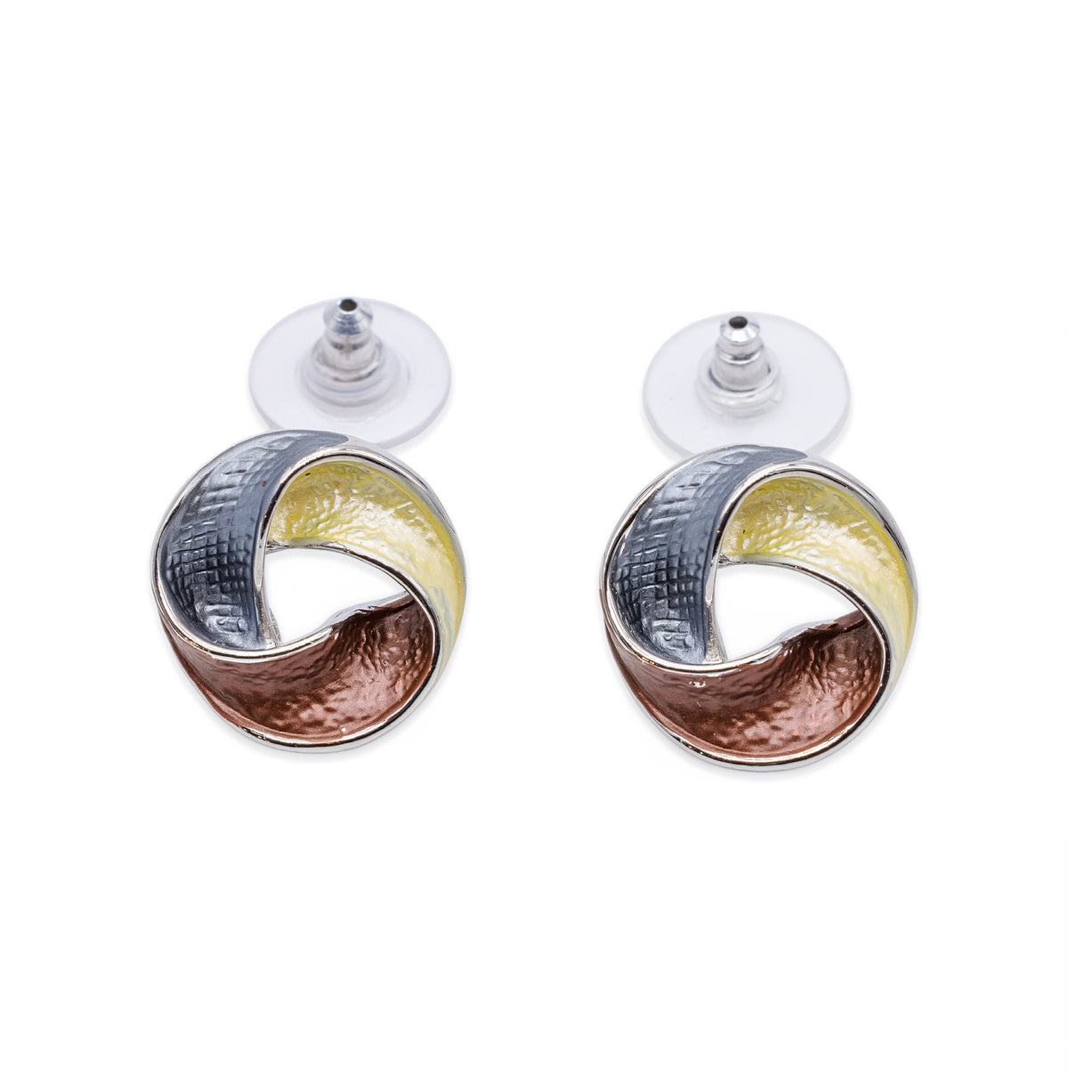 Silberfarbene Ohrstecker als gedrehte Schlaufe in Grau, Gelb und Braun