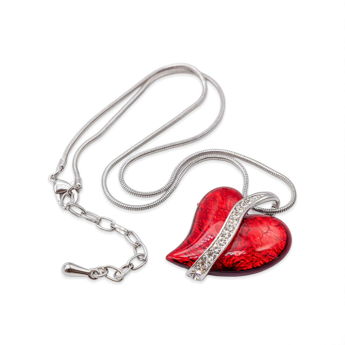 Silberfarbene Schlangenkette mit rotem Herz und Glasstein-Band