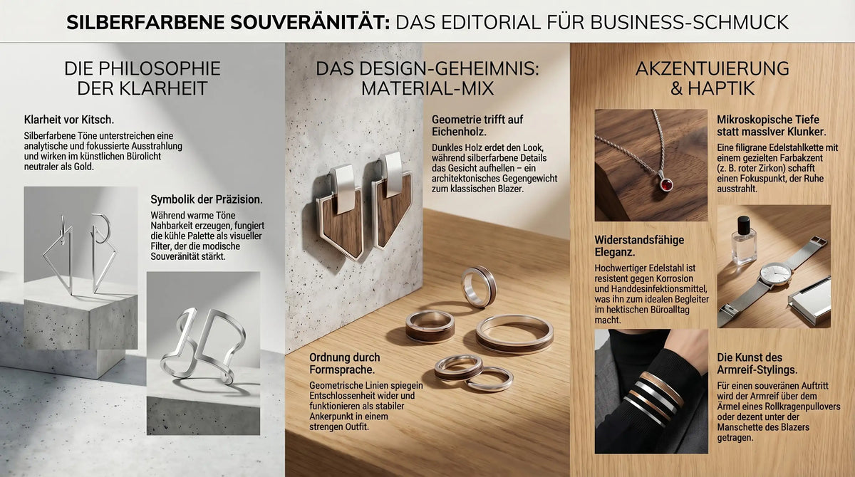 Hochwertiger Avirelle Stil-Guide für Business-Schmuck: Vergleich zwischen silberfarbener Souveränität auf Beton und goldfarbener Wärme auf Holz, inklusive Spiegel-Check für die morgendliche Schmuckwahl.