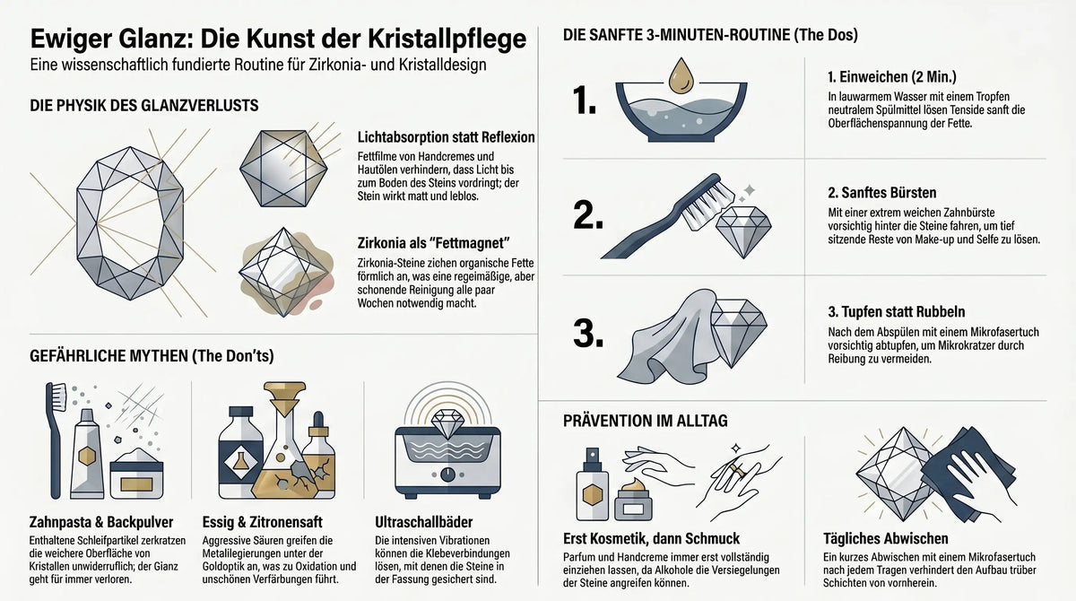 Infografik über Mythen und Fakten zur Pflege von Zirkonia und Kristallschmuck, die erklärt, warum Zahnpasta und Ultraschallgeräte den Schmuck beschädigen.